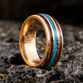 Aeternus rose gold tungsten ring with koa wood and blue opal inlay by Natural Rings