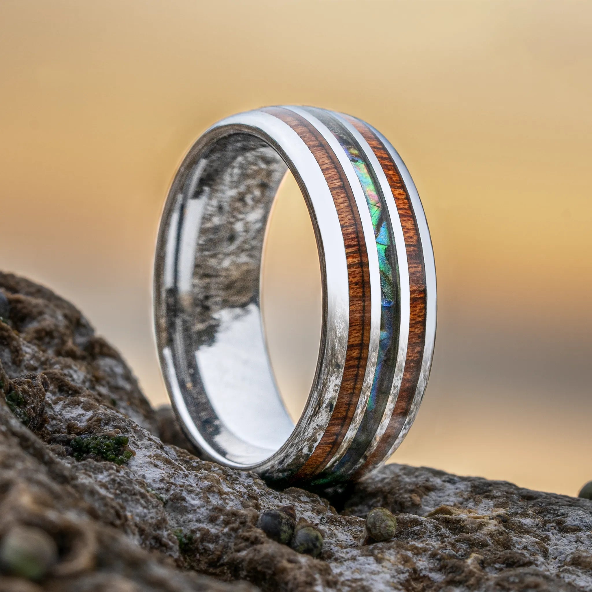Maris tungsten ring with koa wood and abalone shell inlay by Natural Rings