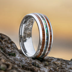 Maris tungsten ring with koa wood and abalone shell inlay by Natural Rings
