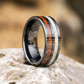 Venator black tungsten ring with koa wood and antler inlays by Natural Rings