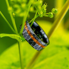 Vulcan black tungsten ring with whiskey barrel wood inlay on grass by Natural Rings