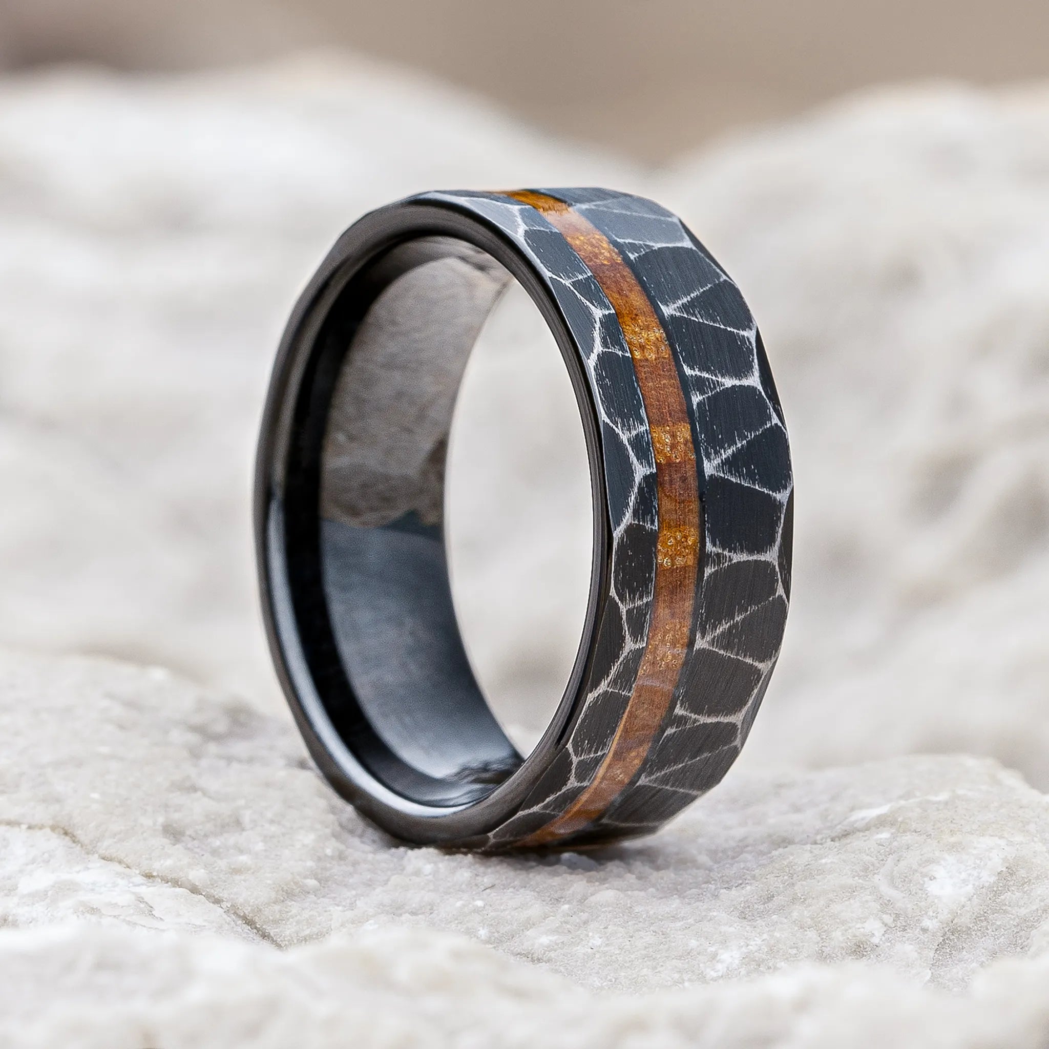 Vulcan black tungsten ring with whiskey barrel wood inlay by Natural Rings