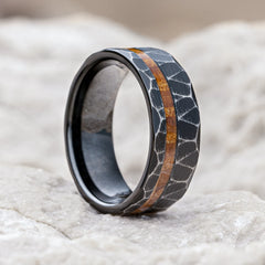 Vulcan black tungsten ring with whiskey barrel wood inlay by Natural Rings