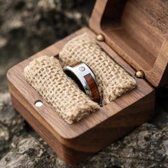 Adamantius tungsten ring with koa wood inlay in a ring box by Natural Rings